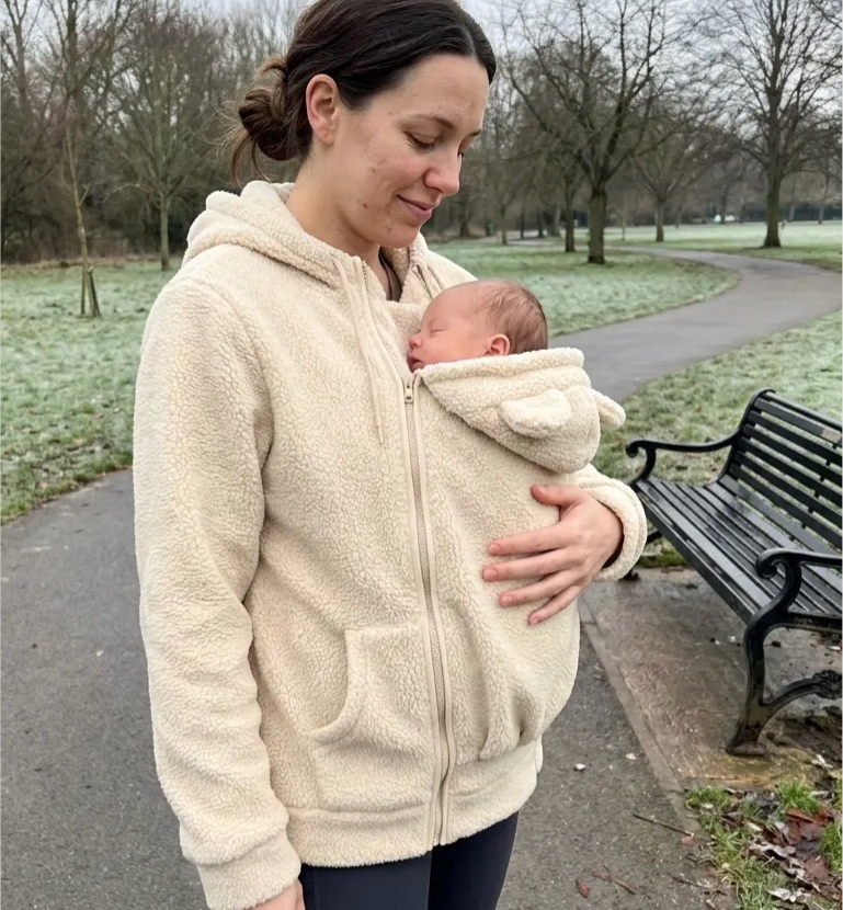 Parent tenant un bébé endormi dans une polaire crème lors d’une promenade froide
