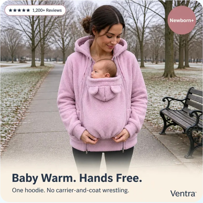 Rose SnugHood fleece baby carrier hoodie outdoors, Bébé au chaud. Les mains libres.