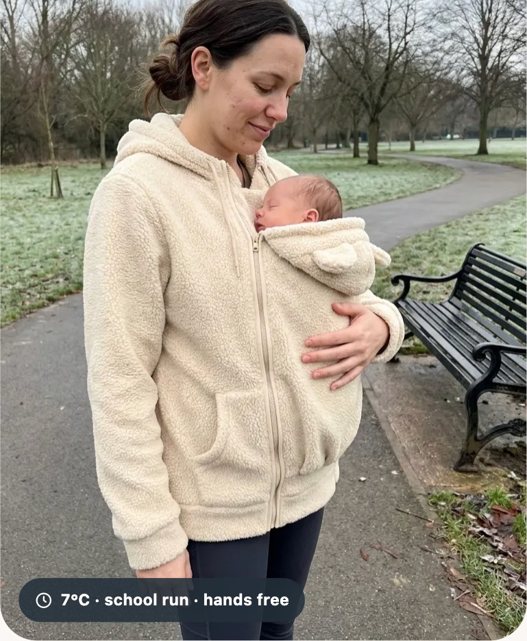 Cream fleece hoodie with baby outdoors