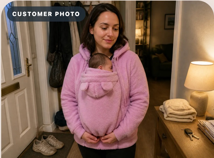 Parent wearing pink hoodie with baby