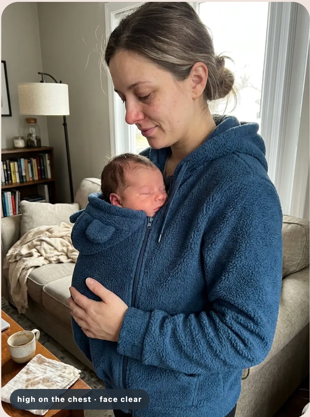 Parent portant un sweat polaire bleu et tenant un nouveau-né contre sa poitrine