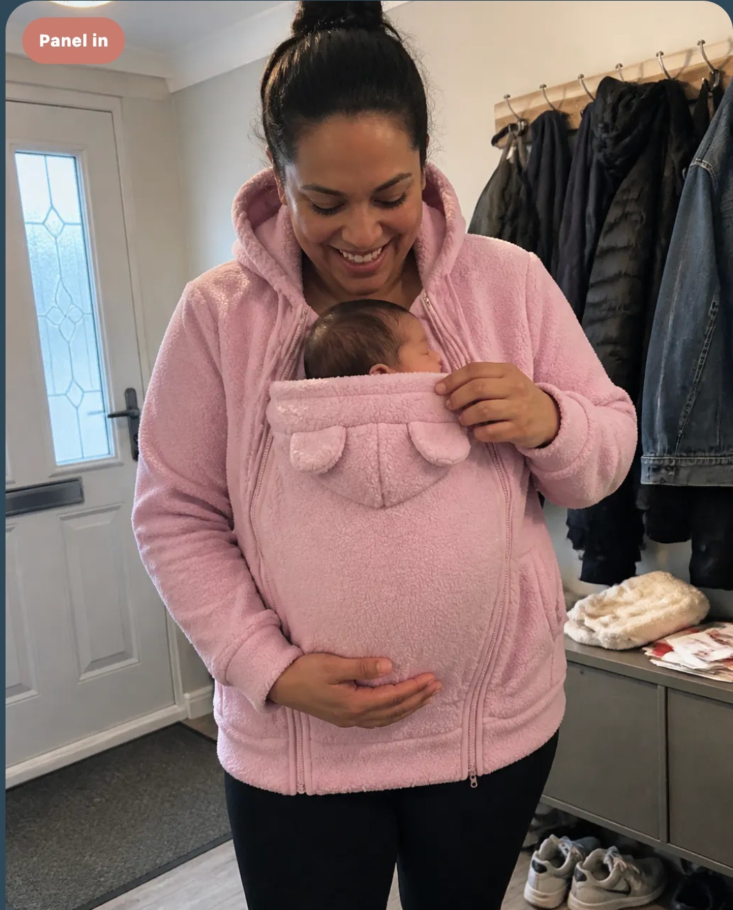 Sweat SnugHood rose avec panneau installé et bébé porté haut