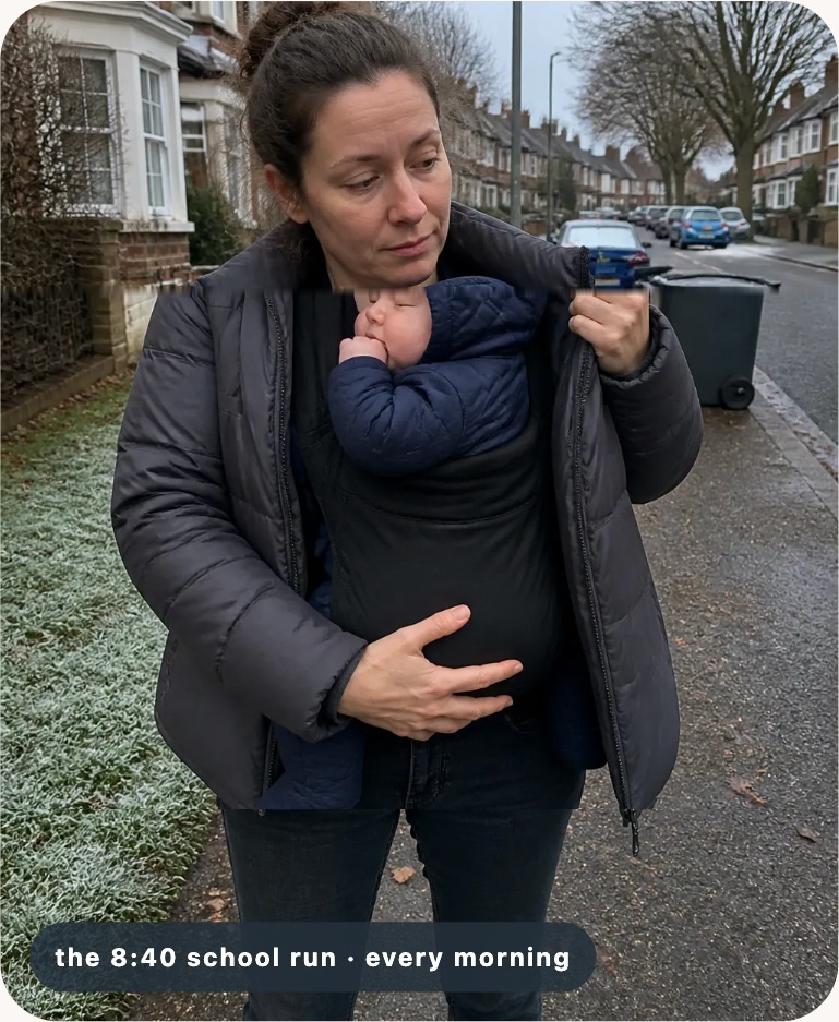 Parent in a bulky dark coat carrying a baby on a cold school run