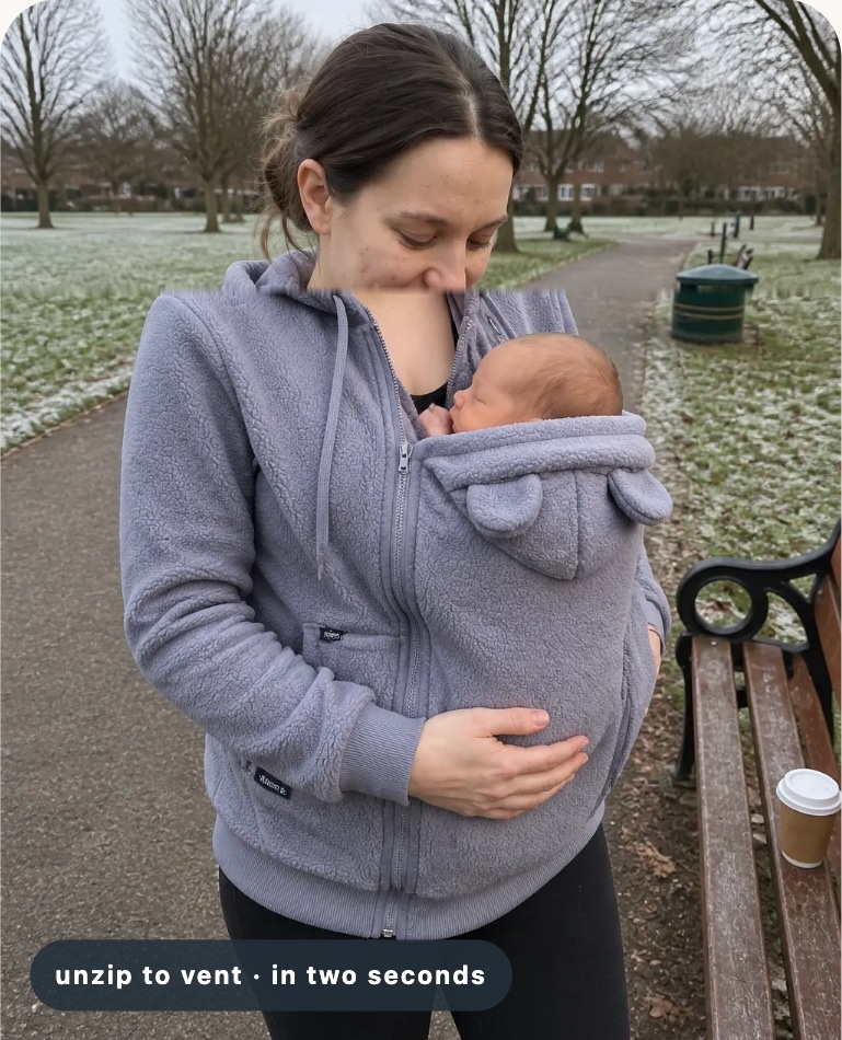 Parent wearing a lavender fleece hoodie with the panel opened to vent